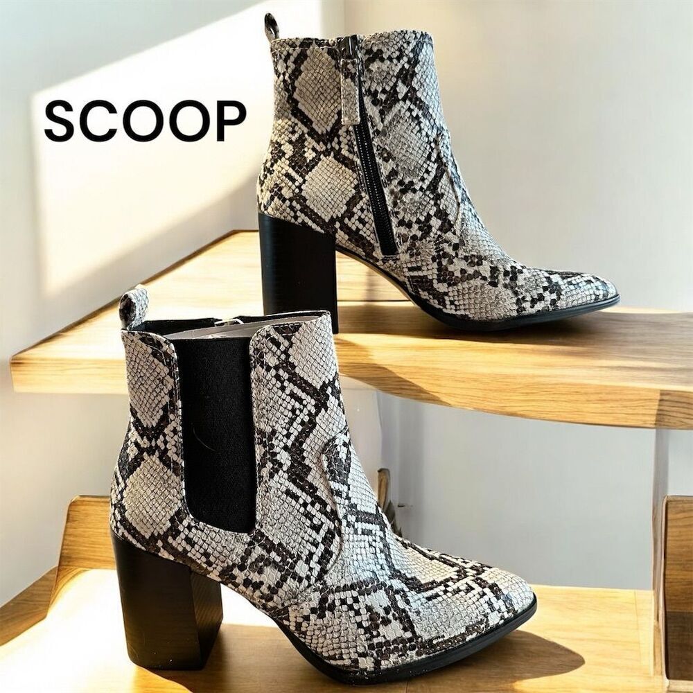 Scoop Black Gray White Snakeskin Ankle Boots Chunky Heel Side Zipper Pointed Toe